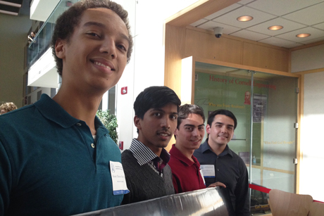 Henry Ekwaro-Osire ’14, (from left), Nikhil Lal ’14, Peter Ingato ’14 and Oliver Kliewe ’14, at the Cornell Undergraduate Research Forum.
