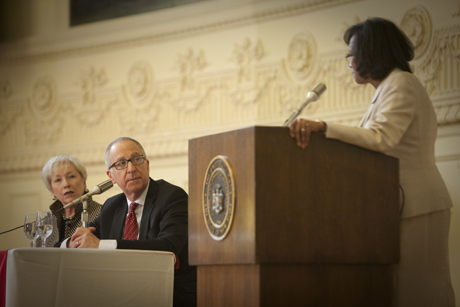 SUNY Chancellor Nancy Zimpher, left, and President David Skorton participate in a panel discussion moderated by Helene Dillard, director of Cornell Cooperative Extension.