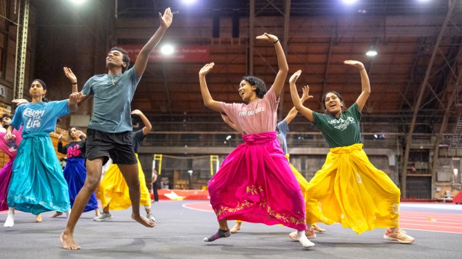 The Cornell Bhangra team rehearses in Barton Hall for the upcoming PAO Bhangra exhibition on March 16.