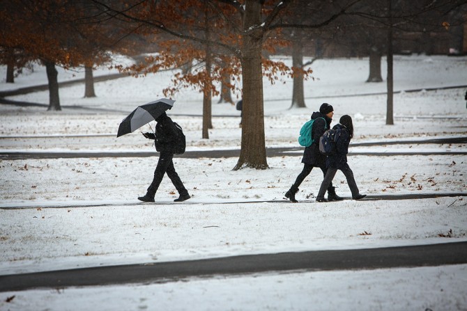 Students outside in winter 2016