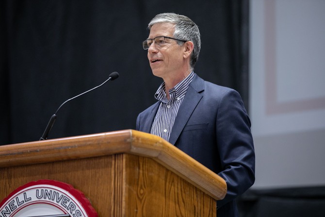 Vice President Rick Burgess leads the Facilities and Campus Services Employee Celebration, June 12.