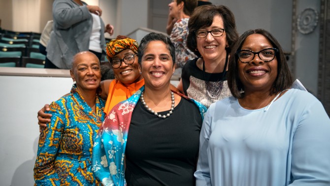 From left, friend Aljosie Aldrich Harding and niece Gwen Hinton Perry with Ithaca College President Shirley Collado, Cornell President Martha E. Pollack and Tompkins Cortland Community College President Orinthia Montague
