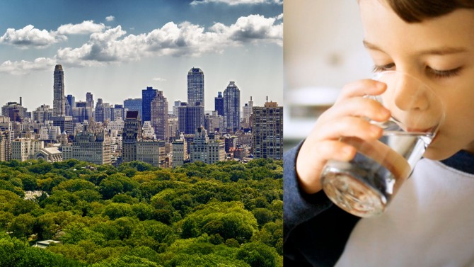 Side-by-side images of the New York City skyline and a young boy drinking water