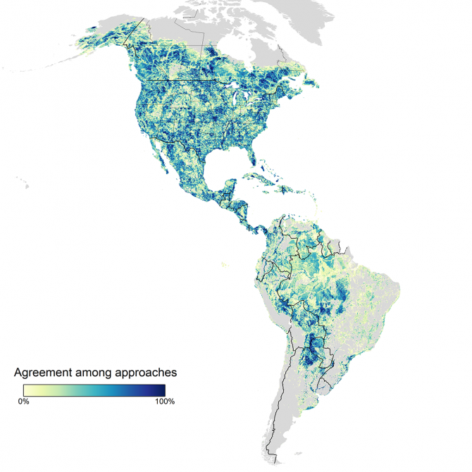a map shows the most important locations for conserving the population of birds