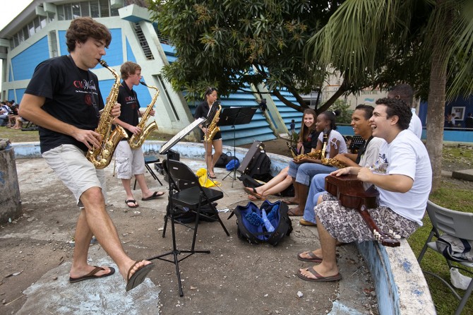Members of the Cornell Wind Ensemble with students in Costa Rica