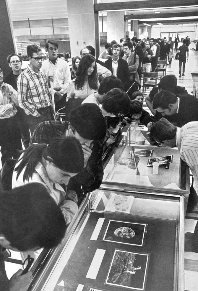 the line at Olin Library stretches to the door in September 1969