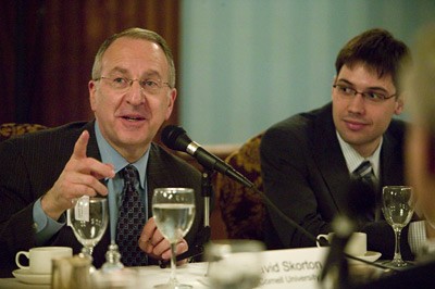 David Skorton discussses research funding at a media roundtable