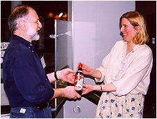  Riccardo Giovanelli, professor of astronomy, presents a bottle of red Italian vermouth to MIT astronomer Jackie Hewitt
