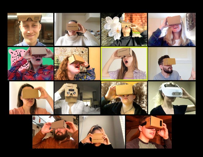Students using cardboard VR glasses on Zoom