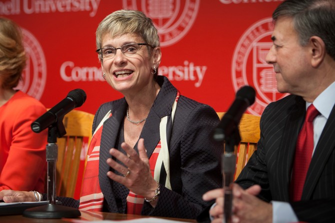 Cornell President-elect Beth Garrett addresses the media at a press conference
