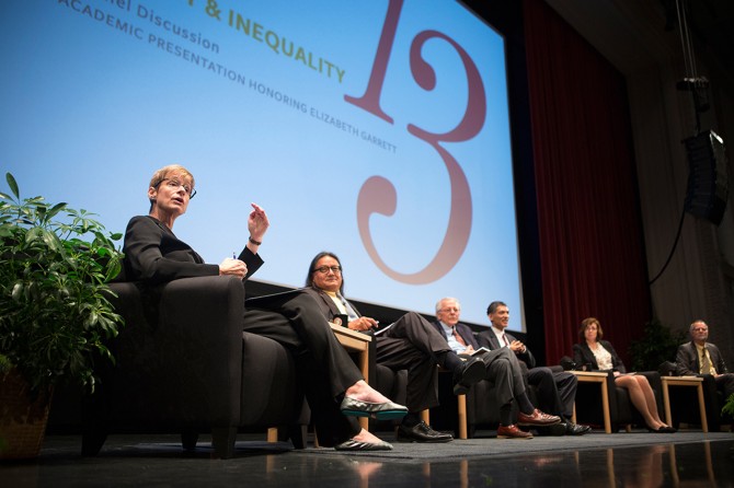 Elizabeth Garrett introduces Democracy and Inequality panelists