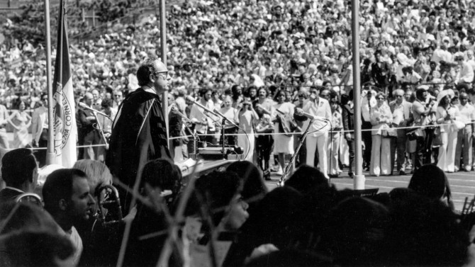 Walter LaFeber gives the Commencement Address at the 1976 graduation at Schoellkopf Stadium.
