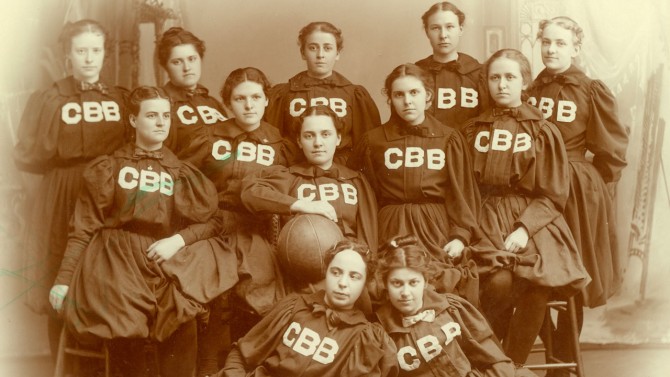 A team photo of a Cornell women's basketball team in 1897.