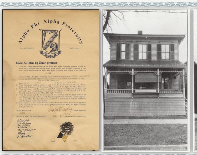 The 1906 Alpha Phi Alpha charter, and the house which provided the first meeting place for the Social Study Club, which later became the Alpha Phi Alpha Fraternity