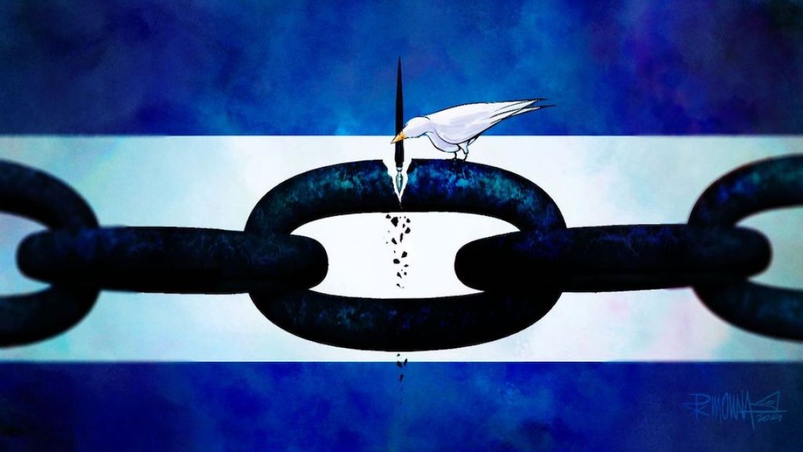Dove with pen breaking chain. Pedro X. Molina cartoon.