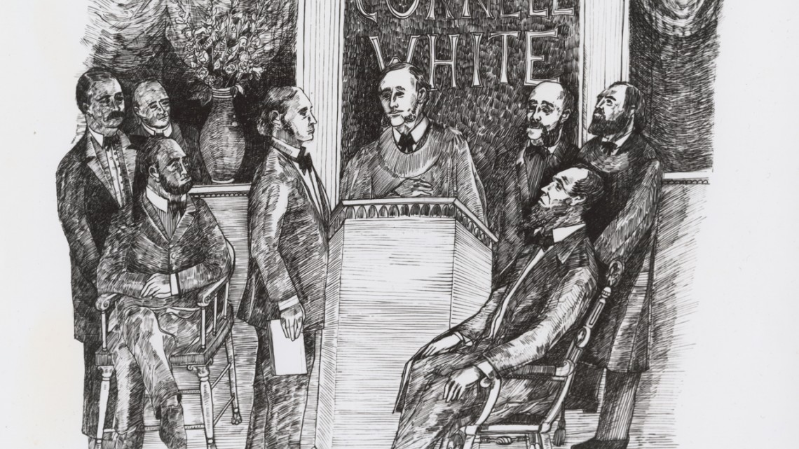 This artists’ conception of the inauguration of Andrew Dickson White as Cornell's first president 