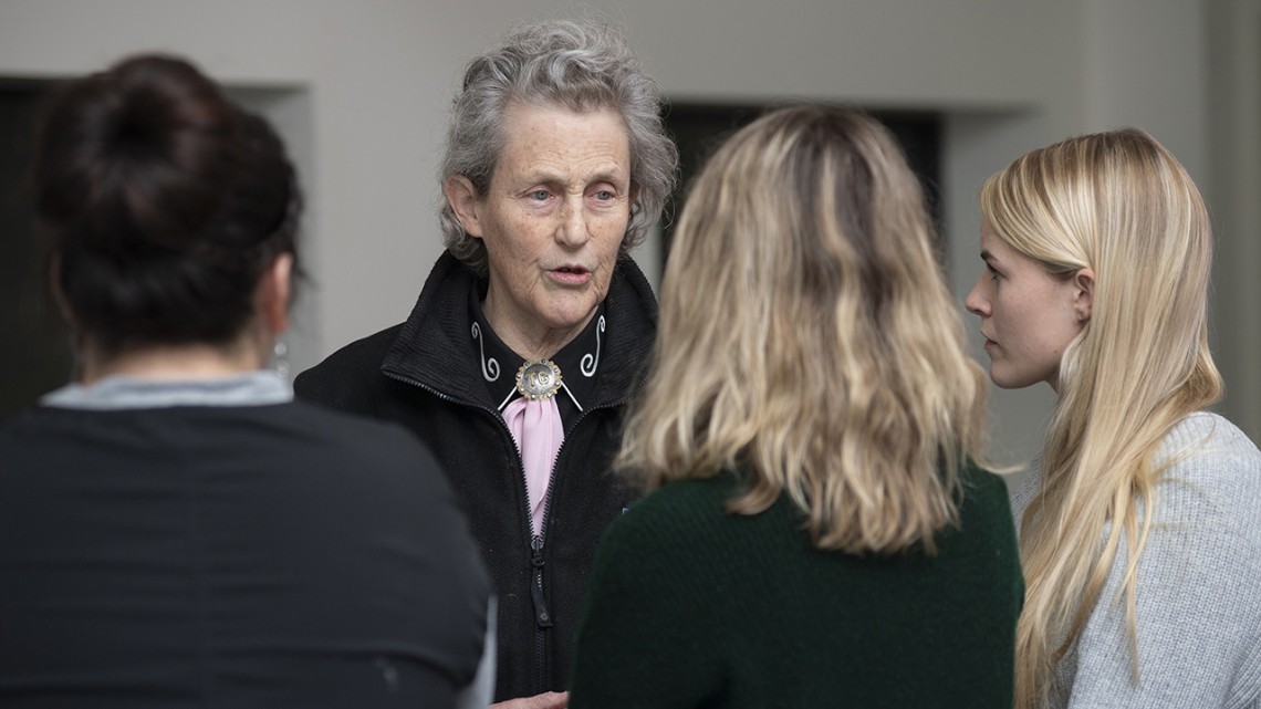 Temple Grandin talks with students