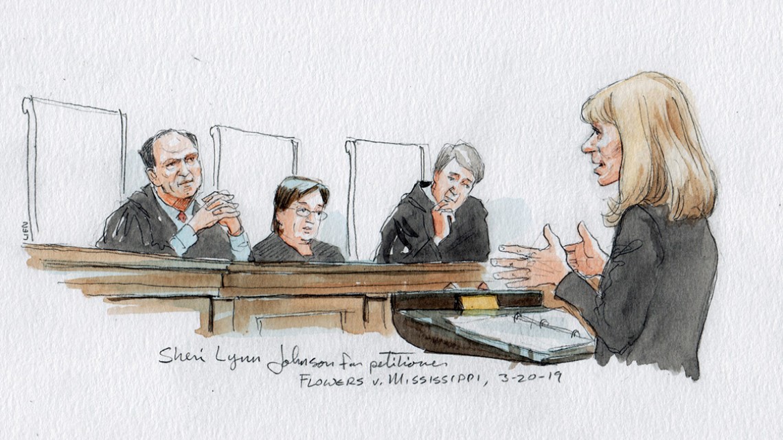 artist drawing of law professor Sheri Lynn Johnson arguing in front of the Supreme Court March 20
