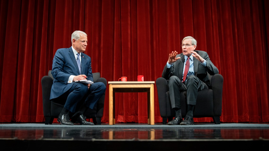 Former national security adviser Stephen J. Hadley ’69, right, in conversation with former Rep. Steve Israel