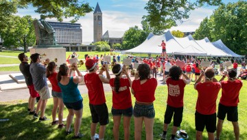 The Big Red Marching Band performs on the Arts Quad. 