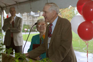 Robert Bauer, right, and Virginia Bauer address those attending the dedication