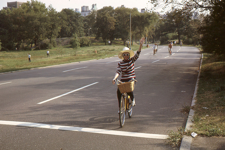 Joyce Brothers on a bicycle