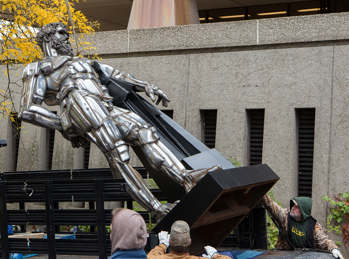 Iconic sculpture Herakles returns to plinth, thanks to gift