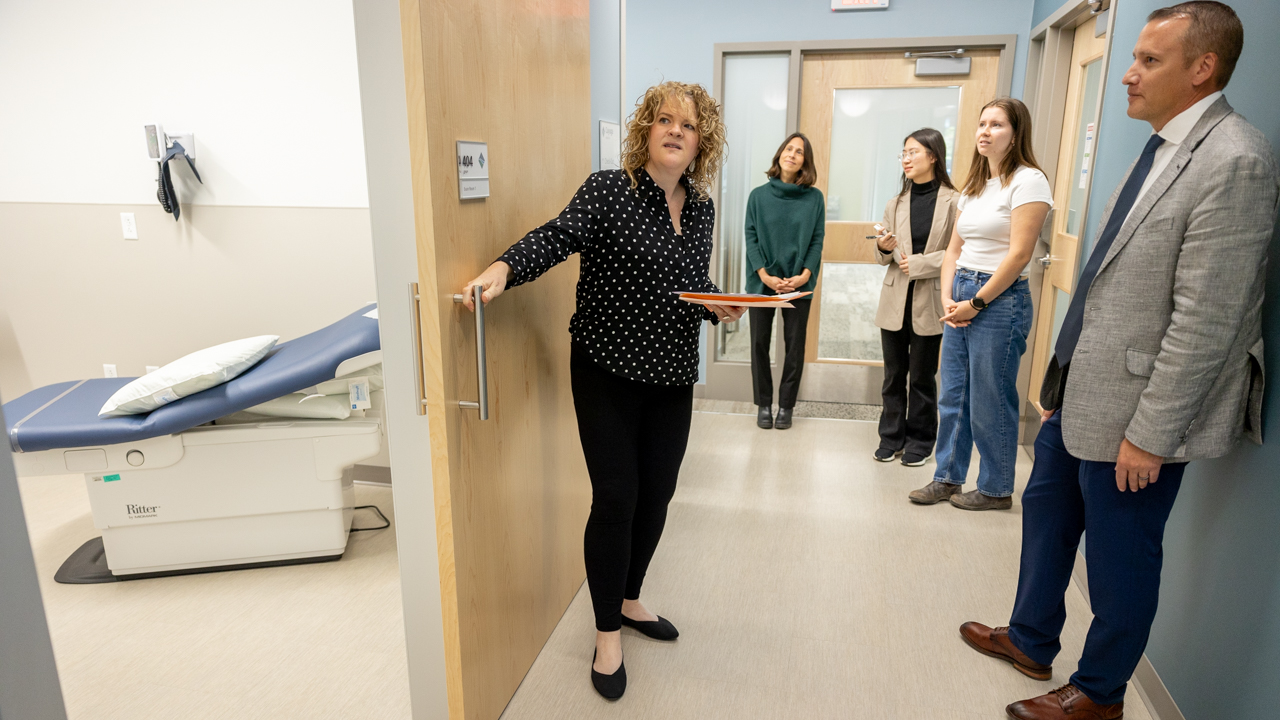 Janet Loebach, far left, the Evalyn Edwards Milman Assistant Professor in Child Development, visits Cayuga Health in the Triphammer Mall as part of her Designing Age Friendly Environments class.
