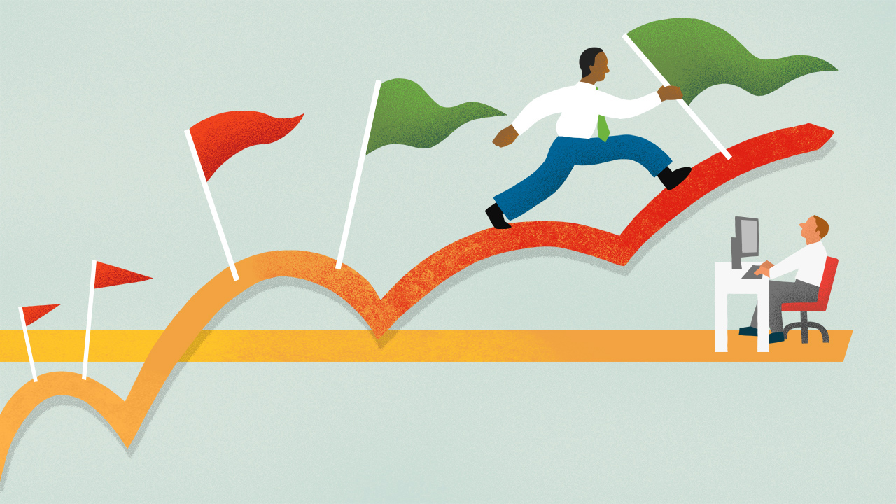 Illustration of a man climbing up corporate ladder