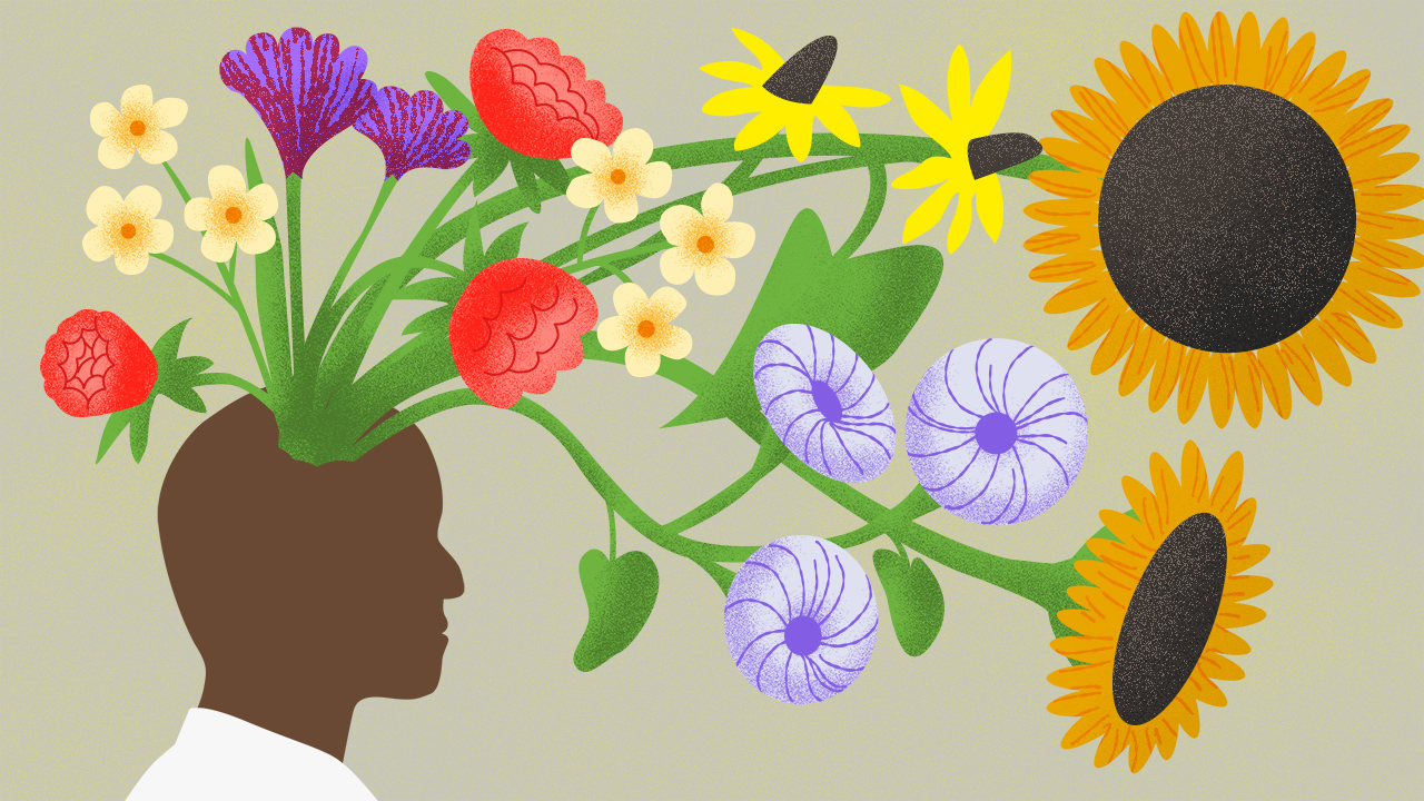 Illustration of a man with flowers popping out of his head