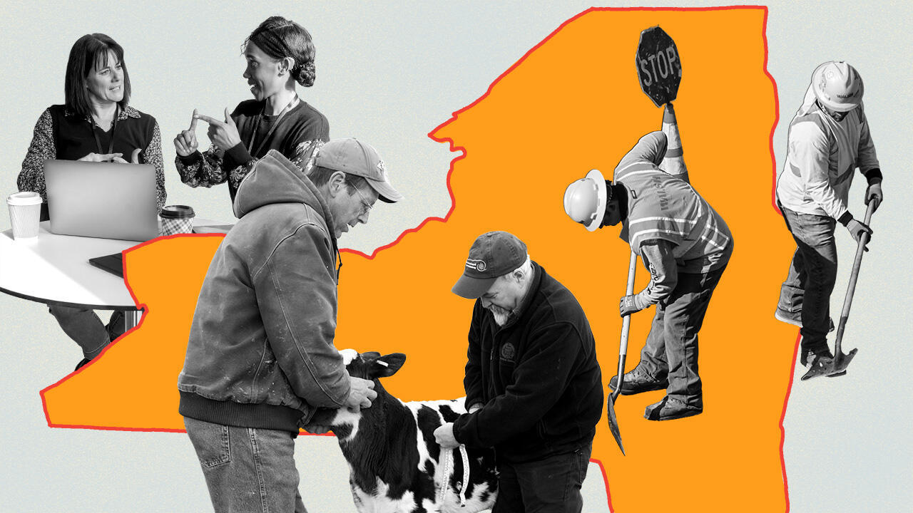 Illustration of NYS in the background with photos of people working in the foreground
