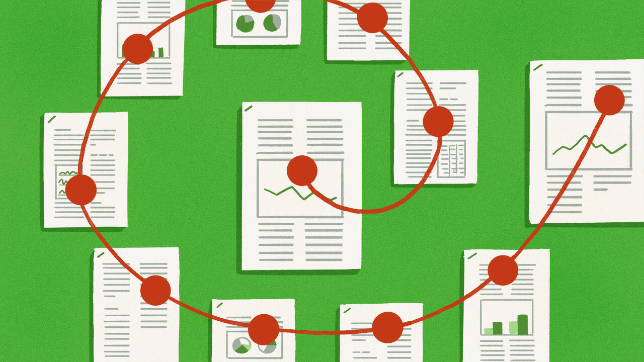 Illustrations showing documents taking a circuitious route