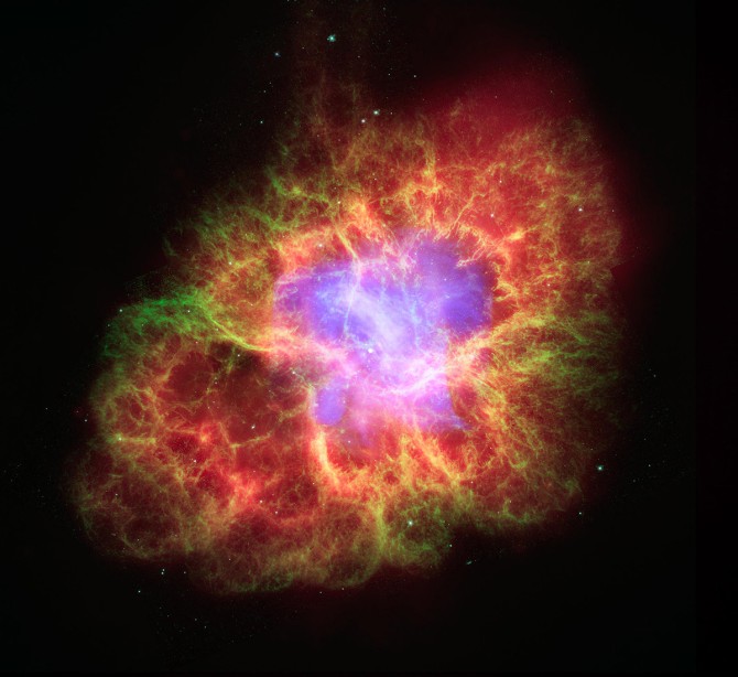 A superdense neutron star is spewing out a blizzard of extremely high-energy particles into the expanding debris field known as the Crab Nebula.