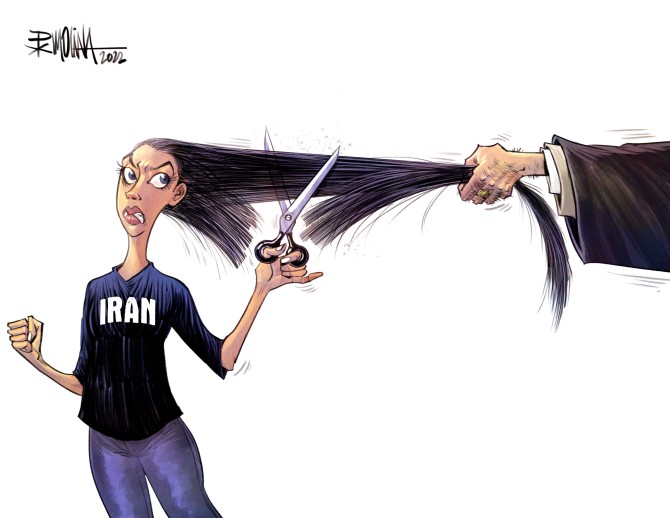 Woman wearing "Iran" shirt cuts hair to free herself from male hand pulling her hair