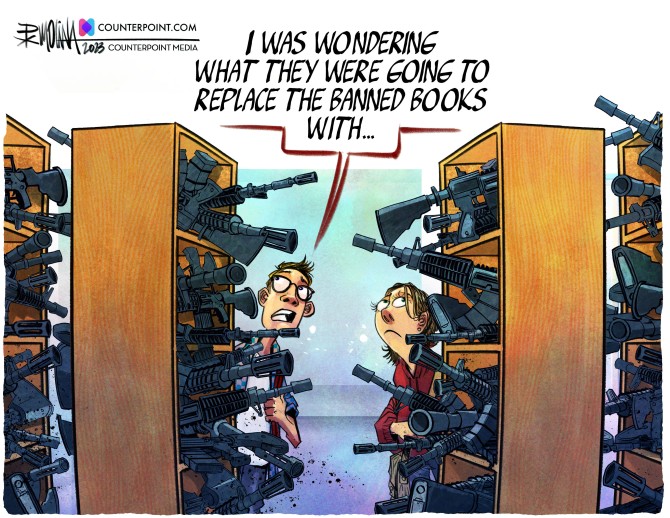 Children crouched behind bookshelves full of guns: "I was wonder what they were going to replace the banned books with."