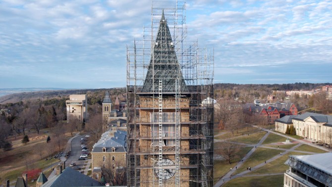 McGraw Tower is shown covered in construction scaffolding