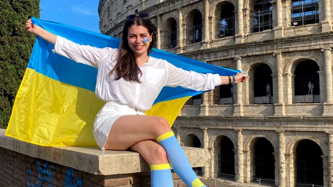 Maryna Mullerman attends Ukraine’s Euro Cup quarter final game in Rome in July 2021.