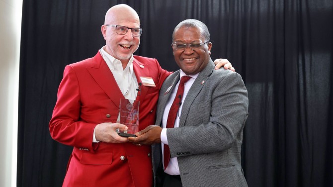 Jim McCormick ’69, M.Eng. ’70, left, was celebrated as the 2024 Cornell Engineering Distinguished Alumni Award recipient, March 7 in Duffield Hall. McCormick is pictured with Lynden Archer, the Joseph Silbert Dean of Engineering.
