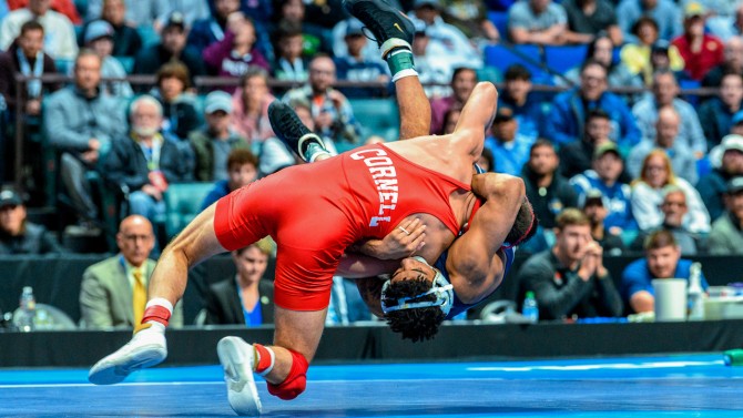 Vito Arujau '24 won his first national championship, overcoming two-time NCAA national champion Roman Bravo-Young of Penn State. 