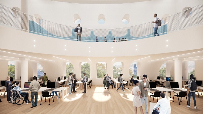 Rendering of Sibley Dome's studio space and collaborative commons.
