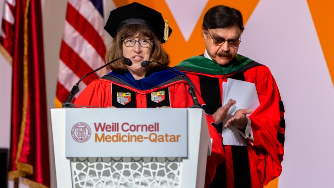 President Martha E. Pollack speaks at Weill Cornell Medicine-Qatar’s commencement ceremony.
