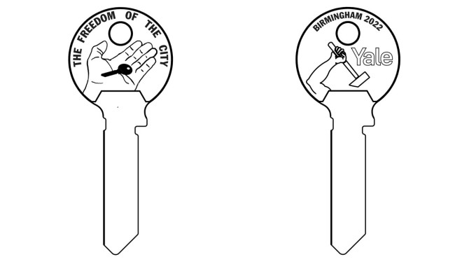 Front and back renderings of the key designed by Paul Ramírez Jonas