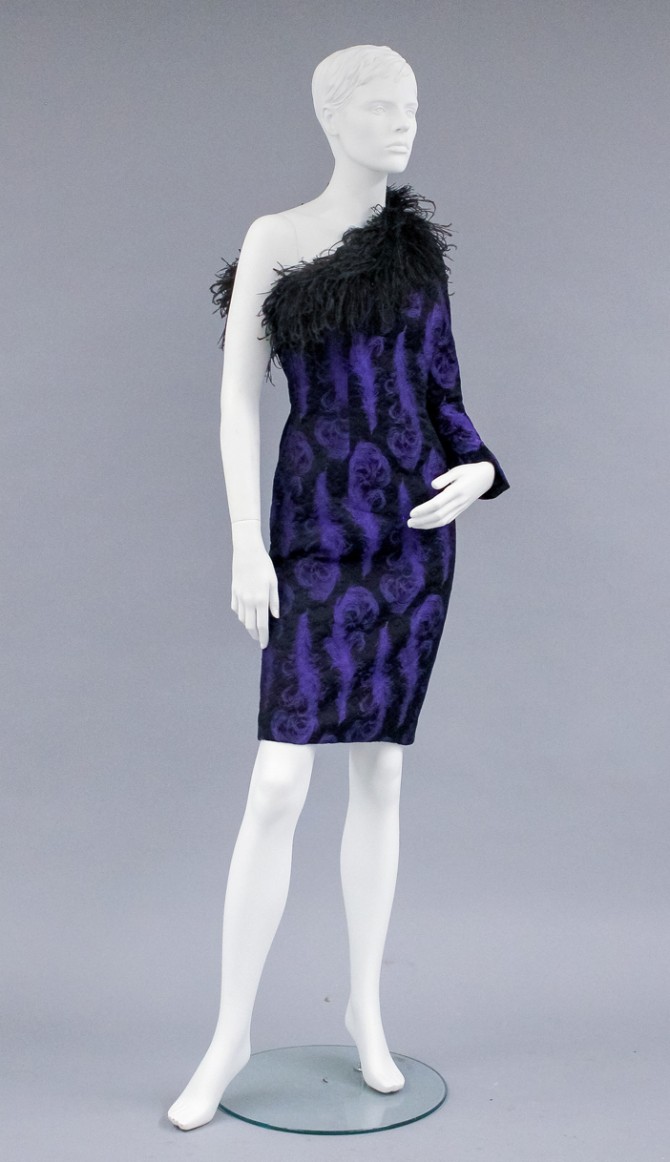 purple cocktail gown with black feathers