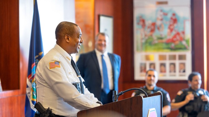 Anthony Bellamy addresses guests at a June 22 ceremony formally commissioning him as chief of the Cornell University Police Department.
