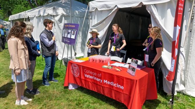Visitors speak with Cornell staff at the CVM tent at the 146th Westminster Kennel Club Dog Show, held June 18-22 in Tarrytown, New York.