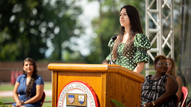 Sofia Prieto ’23, co-chair of the Orientation Steering Committee, addresses the Class of 2026.