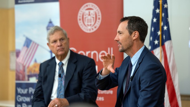 U.S. Secretary of Agriculture, left, with College of Agriculture and Life Sciences Dean Benjamin Houlton, on Sept. 6.