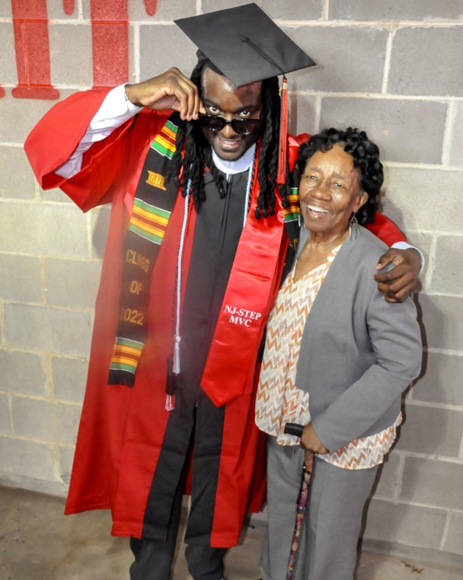 Jones with his grandmother, Sylvia Franklin, at his graduation from Rutgers University, New Brunswick, in 2022.