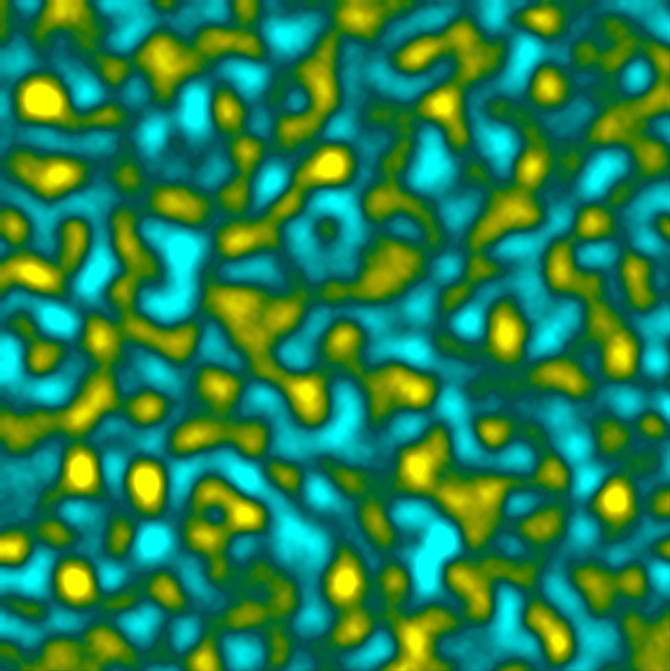 A confocal microscopy image shows a bicontinuous microstructure with well-defined spacing.