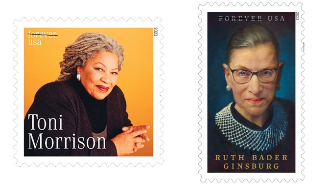 stamps featuring the images of Cornell alumnae Toni Morrison, left, and Ruth Bader Ginsburg